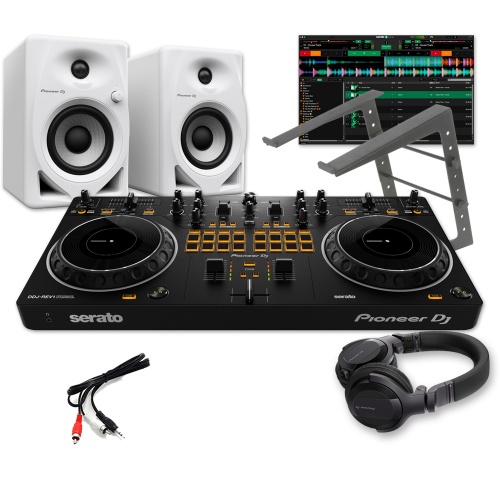 Pioneer DJ DDJ-REV1 Controller, DM-40DW Speakers, Laptop Stand & HDJ-CUE1 Headphones Bundle Deal