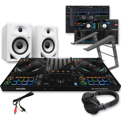 Pioneer DJ DDJ-FLX10 DJ Controller, DM-50D White Speakers, Laptop Stand & HDJ-CUE1 Headphones Bundle