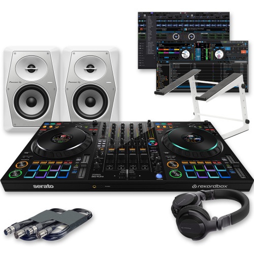 Pioneer DJ DDJ-FLX10 DJ Controller, VM-50 White Speakers, Laptop Stand & HDJ-CUE1 Headphones Bundle