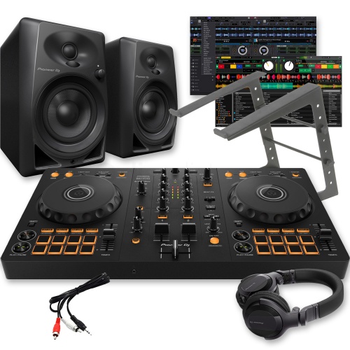 Pioneer DJ DDJ-FLX4 Controller, DM-40 Speakers, Laptop Stand & HDJ-CUE1 Headphones Package