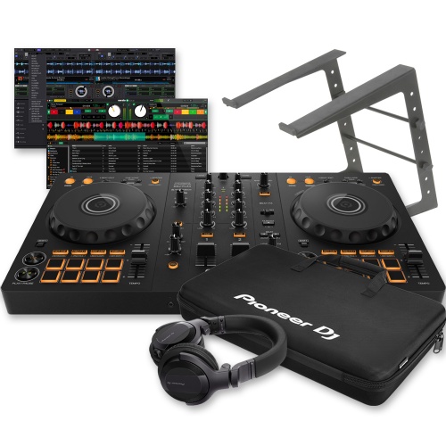 Pioneer DJ DDJ-FLX4 Controller, Carry Case, Laptop Stand & HDJ-CUE1 Headphones Bundle