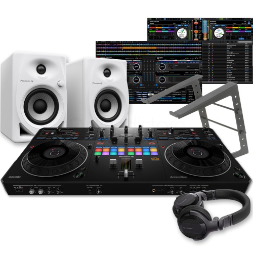 Pioneer DJ DDJ-REV5 DJ Controller, DM-40D White Speakers, Laptop Stand & HDJ-CUE1 Headphones Bundle