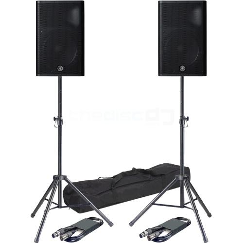 Yamaha DXR15 MK2 Active PA Speakers + Tripod Stands & Leads Bundle