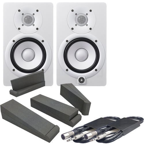 Yamaha HS5 White Active Studio Monitors, Isolation Pads & Leads Bundle