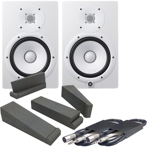 Yamaha HS8 White Active Studio Monitors, Isolation Pads & Leads Bundle